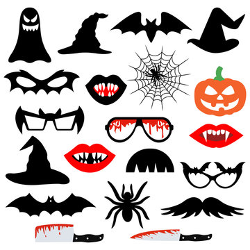 Halloween party photo booth props isolated on white background. Vector illustration