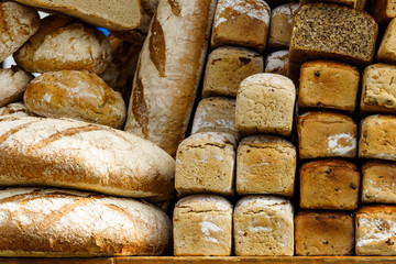 Many rustic fresh bread loaves