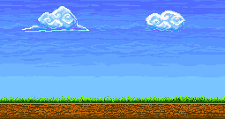 Landscape page of pixel game, underground and grass, background for video-game or app 8bit game