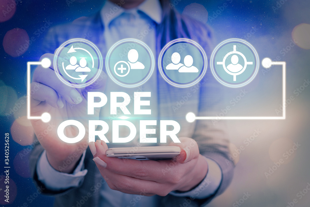 Poster writing note showing pre order. business concept for an order for a product placed before it is avai