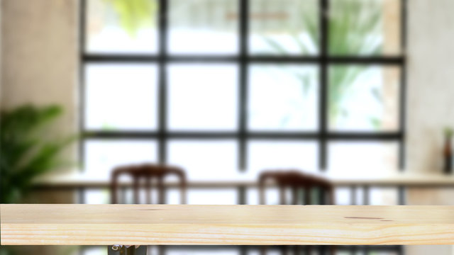 Mock Up Top Wood Table .Background Retro Interior Living Room Blured