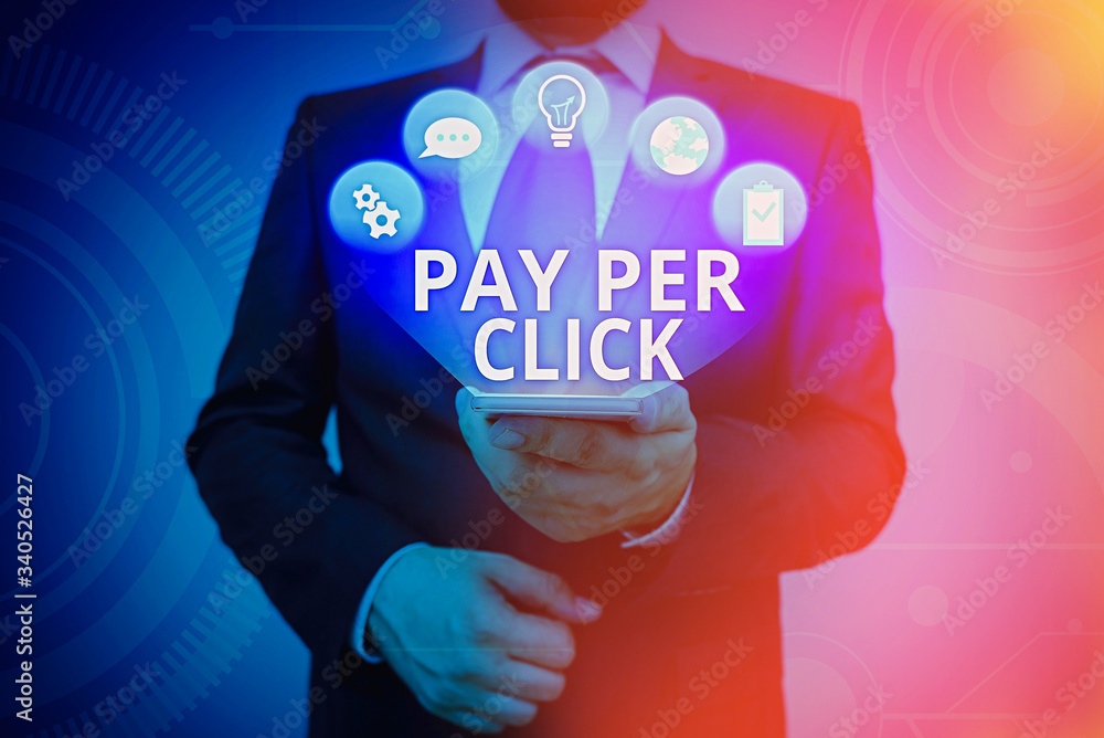 Poster text sign showing pay per click. business photo text internet marketing in which payment is based on