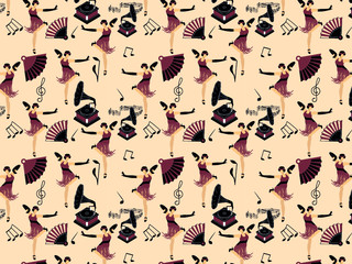 pattern with dancing girl, gramophone and fan