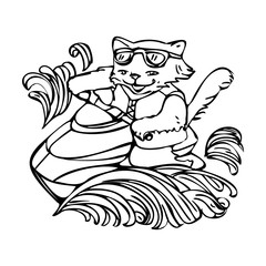 Coloring page. The cat rides a jet ski. Vector illustration.