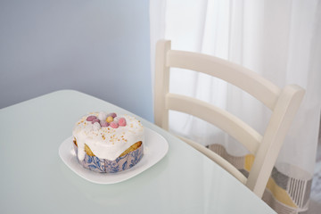 Easter Cakes - Traditional Kulich, Paska Easter Bread. Traditional Easter spring on table