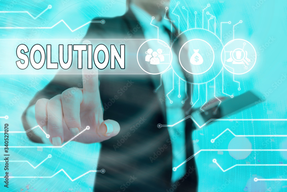 Poster Writing note showing Solution. Business concept for a means of solving a problem or dealing with a difficult situation