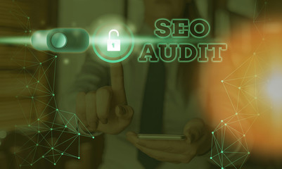 Text sign showing Seo Audit. Business photo showcasing Search Engine Optimization validating and...