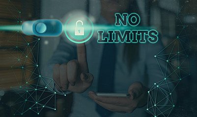 Text sign showing No Limits. Business photo showcasing to do whatever you could with out...
