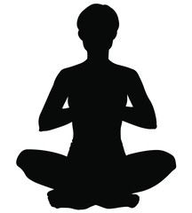 Vector illustration. Silhouette of a girl  is doing yoga sitting in lotus position, meditation. Black silhouette. Vector illustration isolated on white background. 