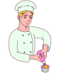 Male cook decorates a cake, vector illustration on white background. Hand drawn pastry-cook in chef uniform and cap at work, confectioner holds a pastry bag.