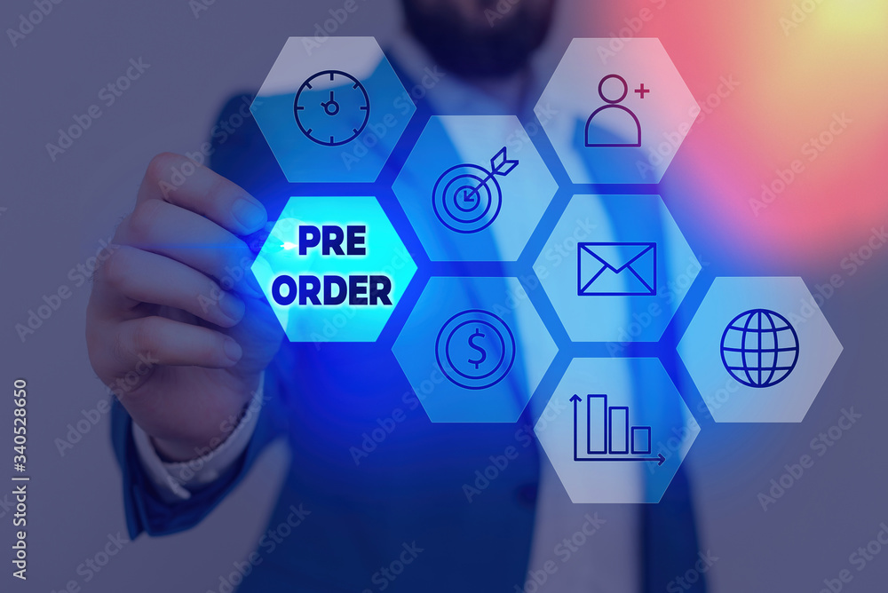 Poster writing note showing pre order. business concept for an order for a product placed before it is avai