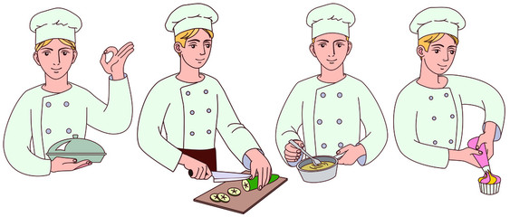 Smiling Chef in uniform and cap at work, holding silver tray, baker decorating a cake, cook holding a knife and cutting on a chopping board. Set of vector illustration on a white background
