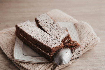 Tiramisu lying on a saucer