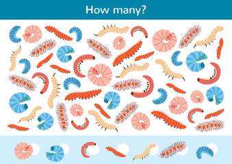 Counting children game of a cartoon caterpillars.