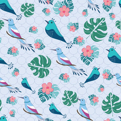 Obraz premium Seamless pattern tropical birds and flowers on pastel purple background