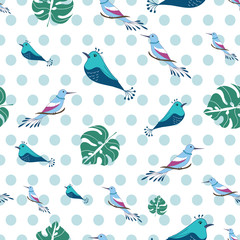 Seamless tropical pattern with abstract colorful birds and leaves
