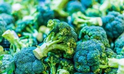 Fresh broccoli put up for sale in supermarket