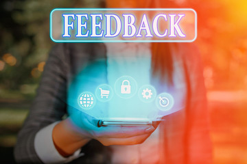 Text sign showing Feedback. Business photo text information about reactions to product...
