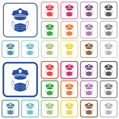 Police hat and medical face mask outlined flat color icons