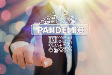 Conceptual hand writing showing Pandemic. Concept meaning occurring over a wide area affecting high...
