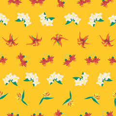 Seamless tropical flower summer vector pattern yellow. Exotic flowers background. Illustration of tropical Bird of paradise, Frangipani, Plumeria, Lily, Fuchsia