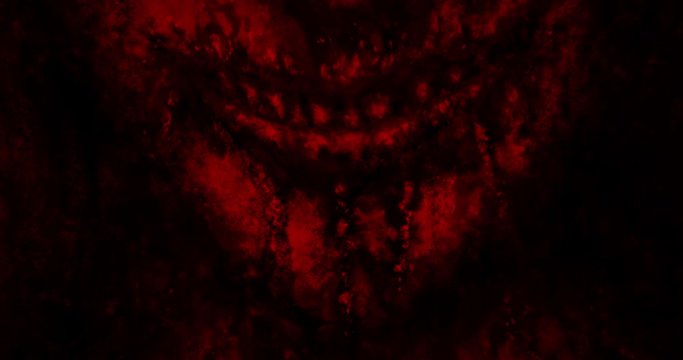 Creepy smile 2D animation in black and red colors. Scary demon clown with bloody fangs. Horror and nightmares for Halloween. Monster smiling face.	Gloomy person of dark. Zombie vampire wants eat you.