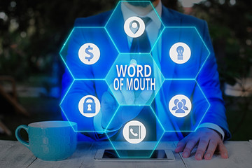 Writing note showing Word Of Mouth. Business concept for information that is transmitted without...