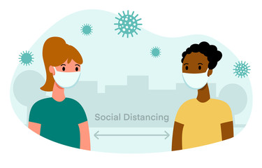 Fototapeta premium Social distancing sign, keep distance in public society people to protect from COVID-19 coronavirus. Young women, city silhouette, trees, virus. Vector flat illustration on white background.