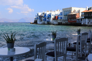 View of the Little Venice on Mykonos island in Greece
