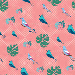 Seamless abstract pattern with tropical birds and hibiscus