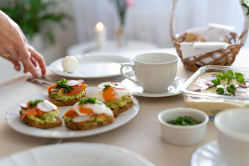 Festive Easter table setting with traditional meals. Easter breakfast in Poland. Christian tradition commemorating the resurrection of Jesus.