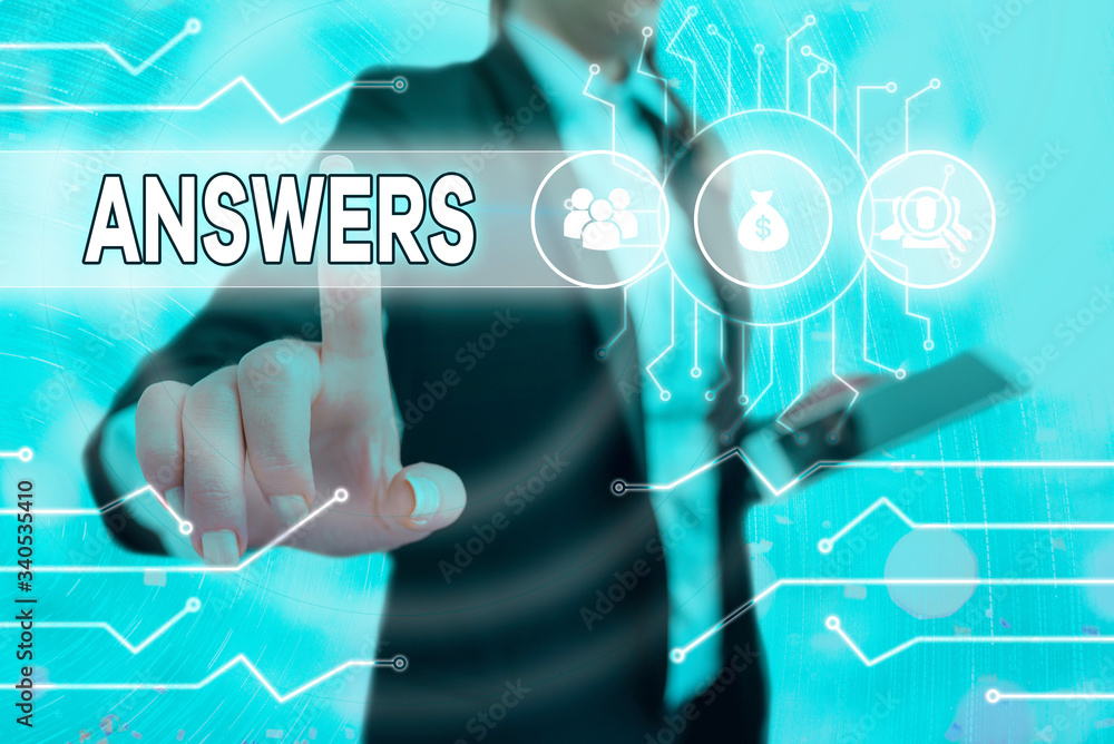 Poster writing note showing answers. business concept for reactions responses to questions statements or si