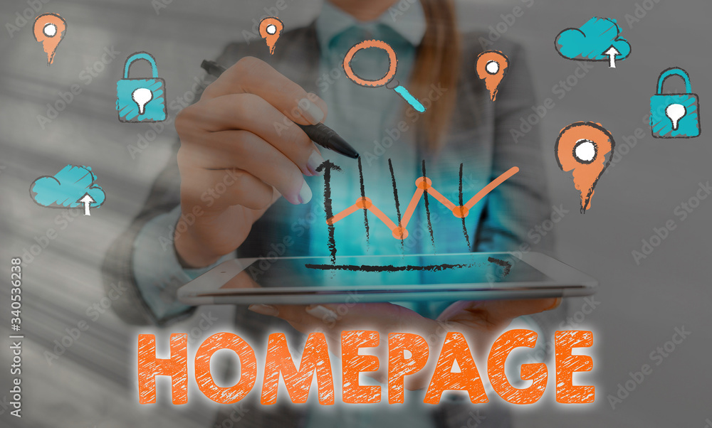 Poster conceptual hand writing showing homepage. concept meaning the introductory page of a website table o