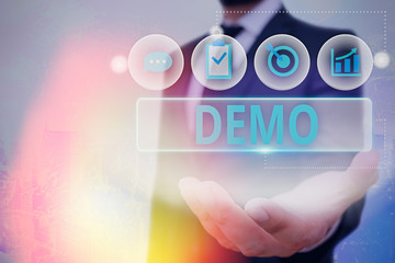 Word writing text Demo. Business photo showcasing Demonstration of a product techniques and...