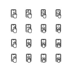Set of hand gesture in gadget line icon design, black outline vector icons, isolated against the white background, touch screen mark vector illustration.