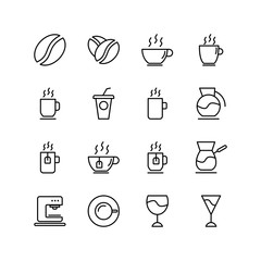 Set of coffee tea and devices line icon design. Cup, glass and did line icon design. Coffee machine mark vector illustration. Black outline vector icons, isolated against the white background.

