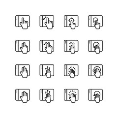 Set of hand gesture in gadget line icon design, black outline vector icons, isolated against the white background, touch screen mark vector illustration.