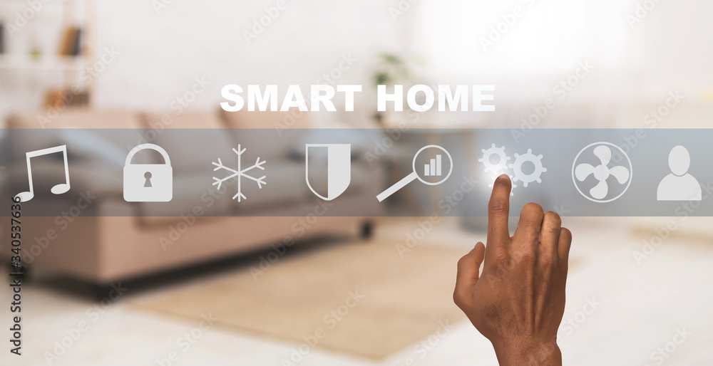 Aufkleber african american man using smart home automation control system, collage with icons on transparent s
