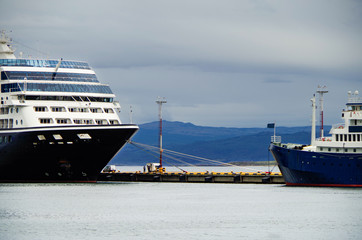 Cruise ships or cruiseship liners in port of Ushuaia, Patagonia in Argentina