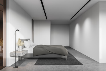 Minimalistic white bedroom, side view