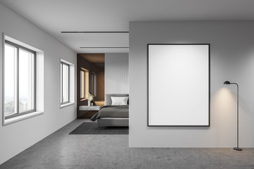 White bedroom interior with vertical poster