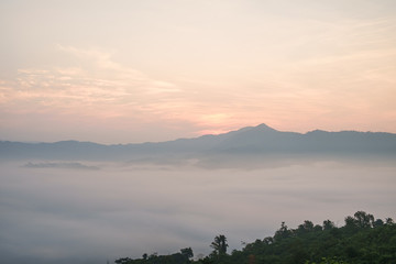 Traveling to see the sea of mist and sunrise in the morning at the view of Phu Lanka, Phayao Province, Thailand