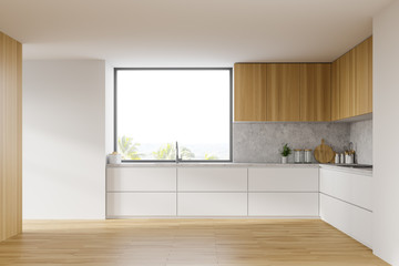 Fototapeta na wymiar White and wooden kitchen interior with countertops