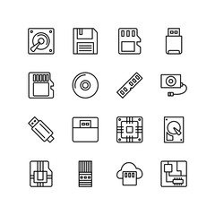 Set of hard ware line icon design, saving memory icon, hard disk illustration, disk drive sign symbol design such as disk drive, flash disk, floppy, diskette, cloud driver and others.