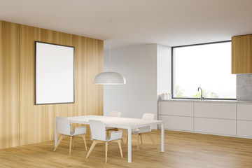 Poster in white kitchen corner with table