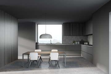 Gray and wooden kitchen, table and counters