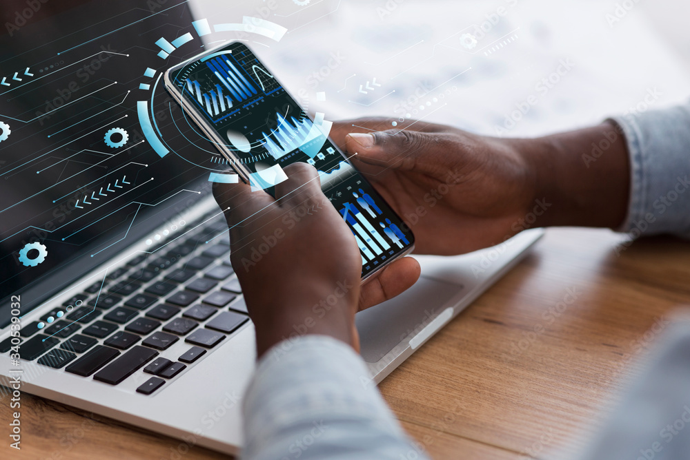 Poster businessman using smart phone with holograms datas