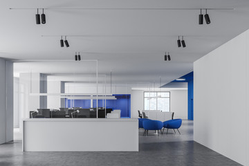 Reception and lounge in white and blue office