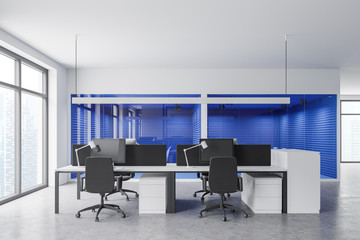 White and blue open space office and meeting room