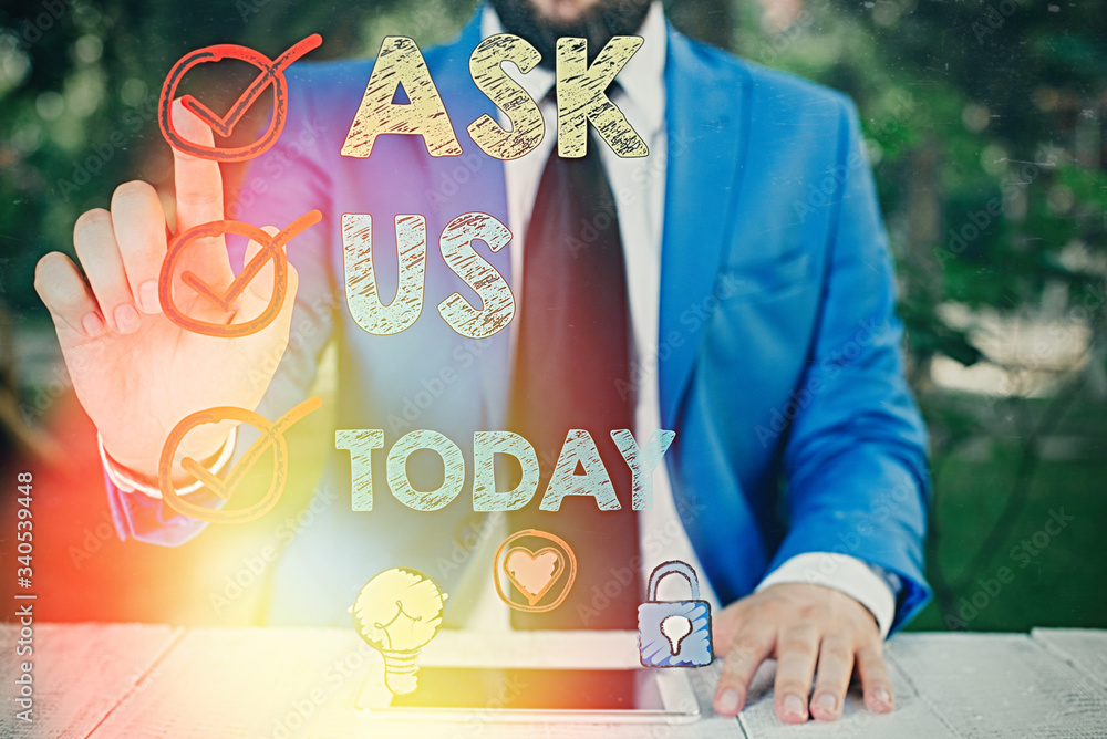 Aufkleber word writing text ask us. business photo showcasing accepting questions or inquiry from showing will